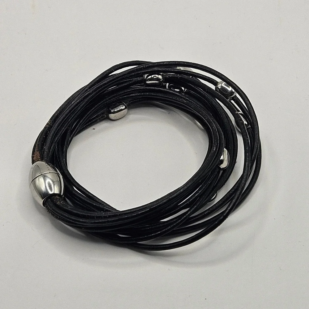 Skagen Leather Bracelet Set Black Braided Studded Chain Wrap 3pc